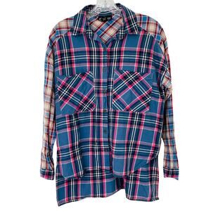 ANGIE Shirt S Blue Pink Mixed Plaid Flannel Button Down Long Sleeve